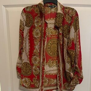 Fashion Nova Red and Gold Chain Print Blouse